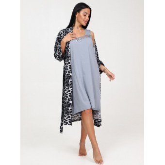 Гарнитур  женский       из кулирки   с запахом сорочка и халат   серый  Животный принт