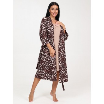 Гарнитур  женский       из кулирки   с запахом сорочка и халат   бежевый  Животный принт