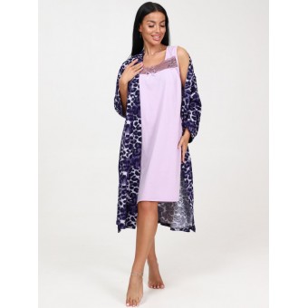 Гарнитур  женский       из кулирки   с запахом сорочка и халат   фиолетовый  Животный принт