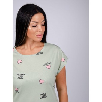 Туника  женская       из кулирки     с коротким рукавом  зеленая  Сердечки