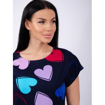 Туника  женская       из кулирки     с коротким рукавом  Темно-синий  Сердечки   