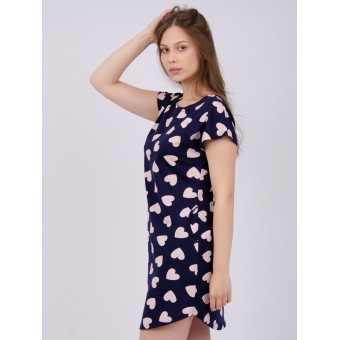 Туника  женская       из кулирки     с коротким рукавом  Темно-синий  Сердечки   