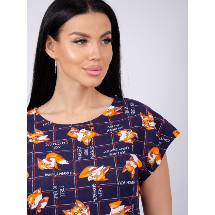 Туника женская из кулирки с коротким рукавом Темно-синий Животные