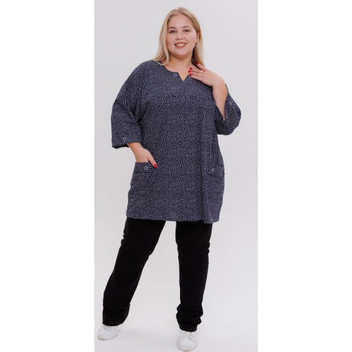 Туника женская из кулирки с рукавом 3/4 синяя Горох