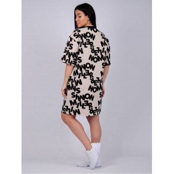 Туника  женская       из кулирки     с коротким рукавом  бежевая  Надписи