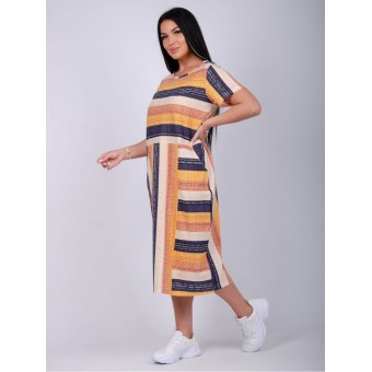 Платье  женское       из кулирки     с коротким рукавом  желтое  Полоска