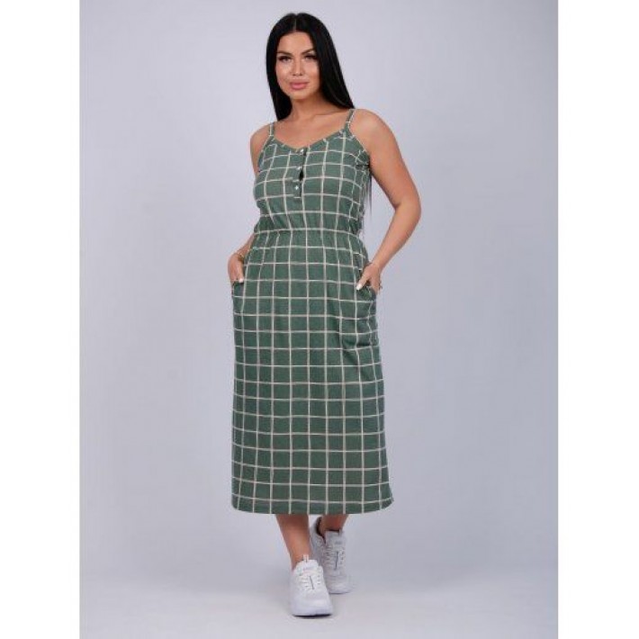 Платье женское из кулирки на бретелях зеленое Клетка