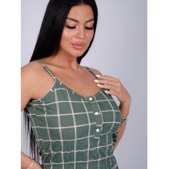 Платье  женское       из кулирки     на бретелях  зеленое  Клетка