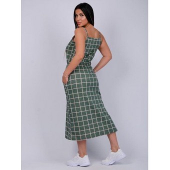 Платье  женское       из кулирки     на бретелях  зеленое  Клетка