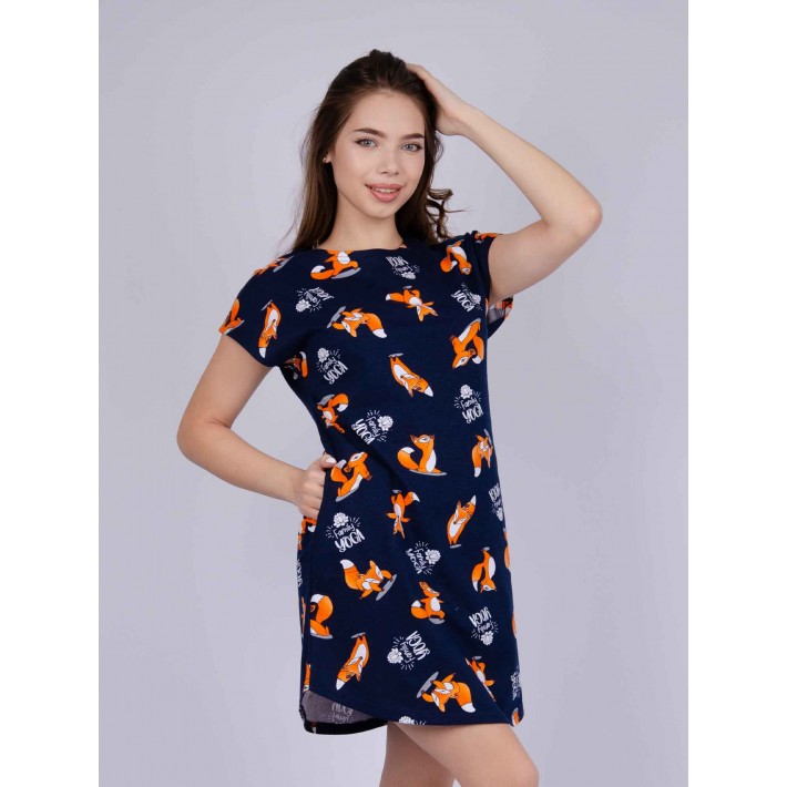 Туника женская из кулирки с коротким рукавом синяя Животные