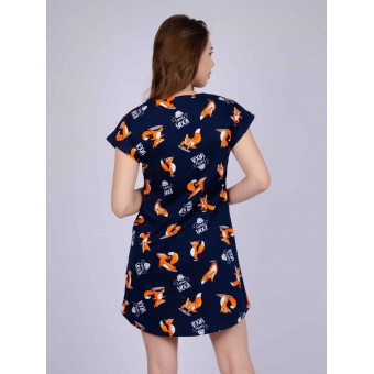 Туника  женская       из кулирки     с коротким рукавом  синяя  Животные