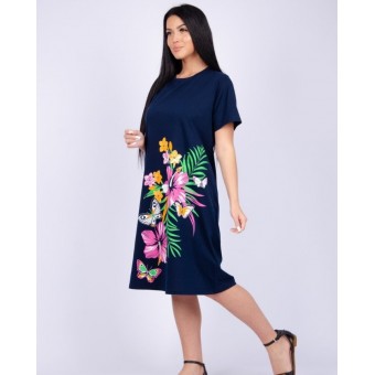 Платье  женское       из кулирки     с коротким рукавом  синее  Цветы