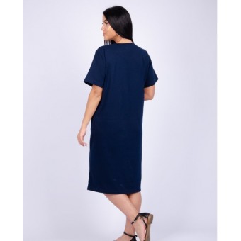 Платье  женское       из кулирки     с коротким рукавом  синее  Цветы