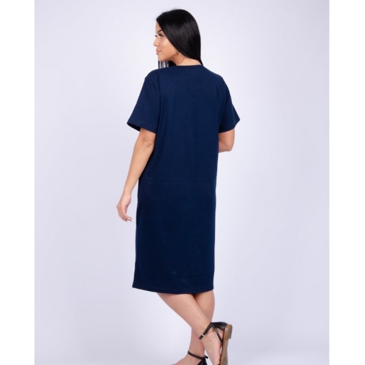 Платье женское из кулирки с коротким рукавом синее Цветы