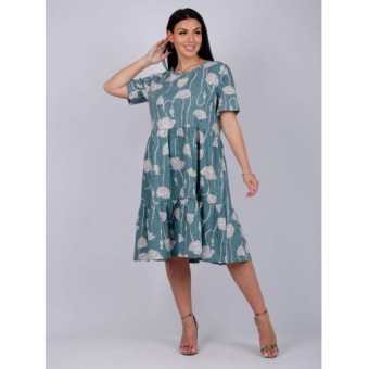 Платье  женское       из кулирки     с коротким рукавом  зеленое  Цветы   