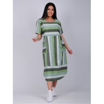 Платье  женское       из кулирки     с коротким рукавом  зеленое  Полоска   