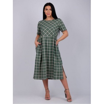 Платье  женское       из кулирки     с коротким рукавом  зеленое  Клетка   