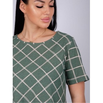 Платье  женское       из кулирки     с коротким рукавом  зеленое  Клетка