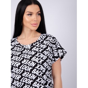 Туника  женская       из кулирки     с коротким рукавом  черная  Надписи