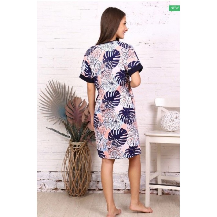 Туника женская из кулирки с коротким рукавом синяя Листья