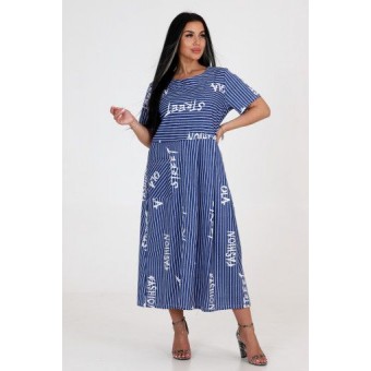 Платье  женское       из кулирки     с коротким рукавом  синее  Надписи