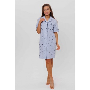 Туника  женская       из кулирки   на пуговицах  с коротким рукавом  голубая  Сердечки