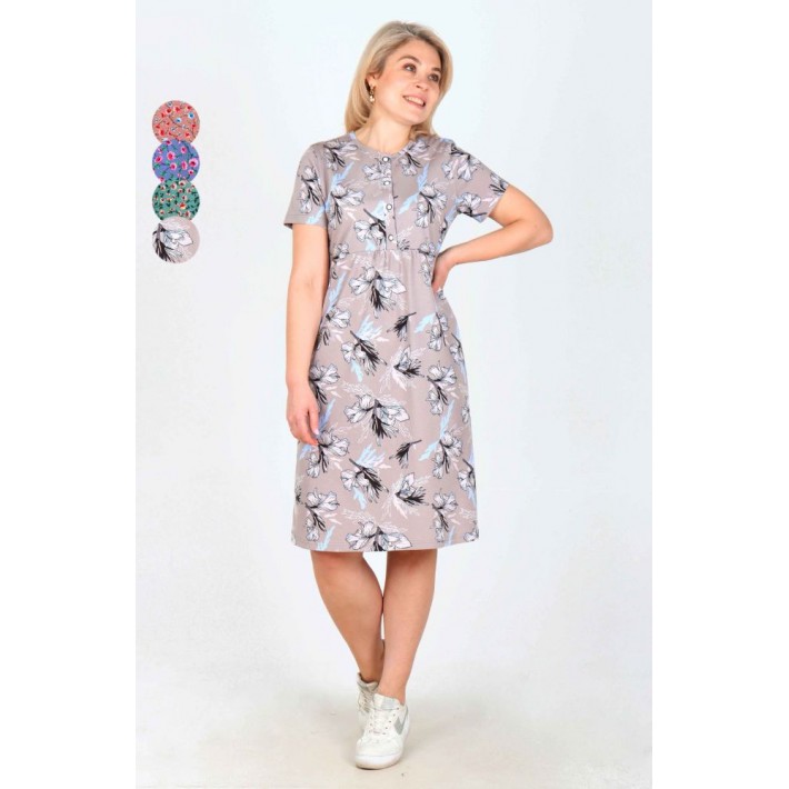 Платье женское из кулирки на пуговицах с коротким рукавом в ассортименте Цветы
