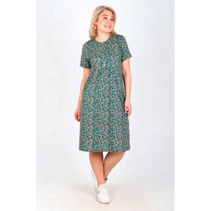 Платье женское из кулирки на пуговицах с коротким рукавом в ассортименте Цветы