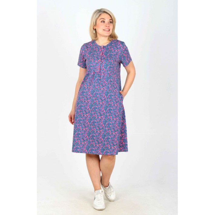 Платье женское из кулирки на пуговицах с коротким рукавом в ассортименте Цветы