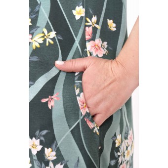 Туника  женская       из кулирки     с коротким рукавом  зеленая  Цветы   