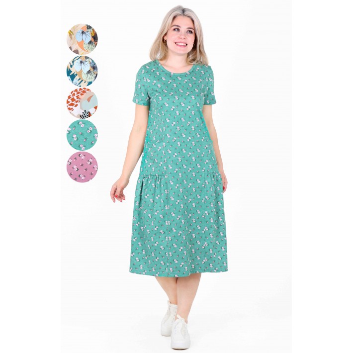 Платье женское из кулирки с коротким рукавом в ассортименте Цветы