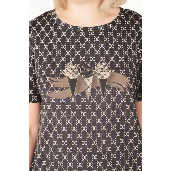 Туника женская из кулирки с коротким рукавом коричневая Абстракция