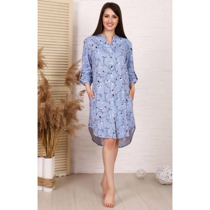 Платье женское из кулирки на пуговицах с рукавом 3/4 синее Веточки
