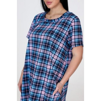 Туника  женская       из кулирки     с коротким рукавом  синяя  Клетка
