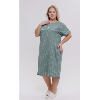 Туника  женская       из кулирки     с коротким рукавом  зеленая  Горох   