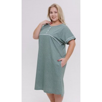 Туника  женская       из кулирки     с коротким рукавом  зеленая  Горох   