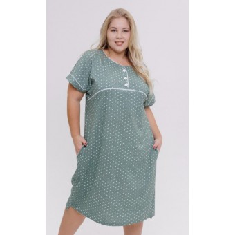 Туника  женская       из кулирки     с коротким рукавом  зеленая  Горох   