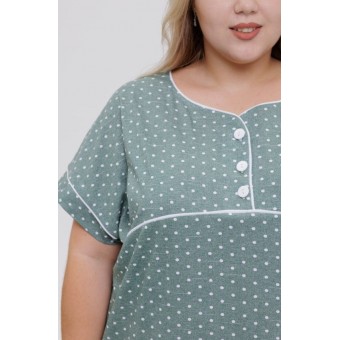 Туника  женская       из кулирки     с коротким рукавом  зеленая  Горох   