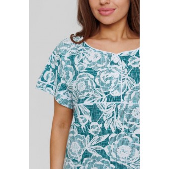 Туника  женская       из кулирки     с коротким рукавом  зеленая  Цветы