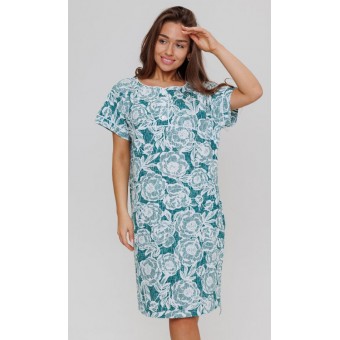 Туника  женская       из кулирки     с коротким рукавом  зеленая  Цветы