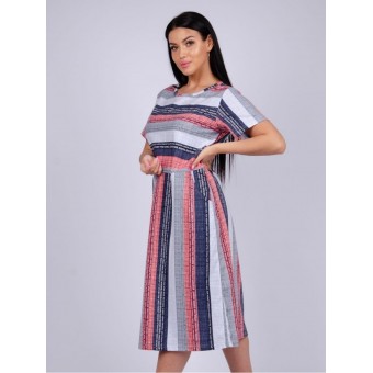 Платье  женское       из кулирки     с коротким рукавом  Красный, Серый  Полоска