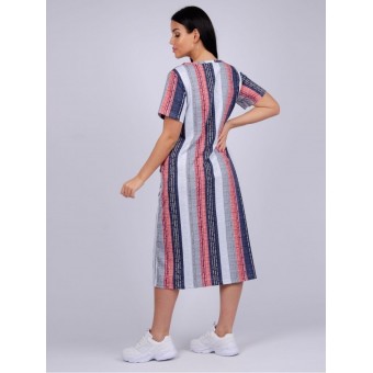 Платье  женское       из кулирки     с коротким рукавом  Красный, Серый  Полоска