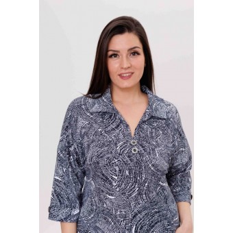 Туника  женская       из кулирки     с рукавом 3/4  синяя  Орнамент   