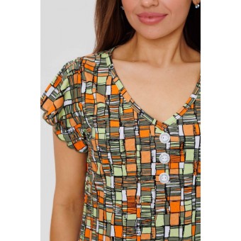 Платье  женское       из кулирки     с коротким рукавом  Зеленый, Оранжевый  Абстракция