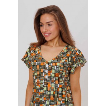 Платье  женское       из кулирки     с коротким рукавом  Зеленый, Оранжевый  Абстракция