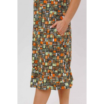 Платье  женское       из кулирки     с коротким рукавом  Зеленый, Оранжевый  Абстракция