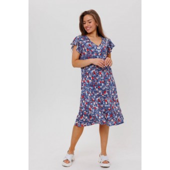 Платье  женское       из кулирки     с коротким рукавом  синее  Абстракция