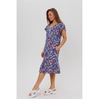 Платье  женское       из кулирки     с коротким рукавом  синее  Абстракция