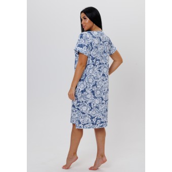 Туника  женская       из кулирки     с коротким рукавом  синяя  Цветы