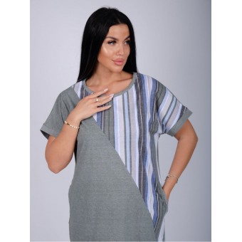 Платье  женское       из кулирки     с коротким рукавом  Голубой, Серый  Полоска